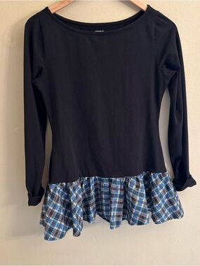 Maeve Long-Sleeve Peplum Top Anthropologie Plaid Printed Pullover Crew Neck S